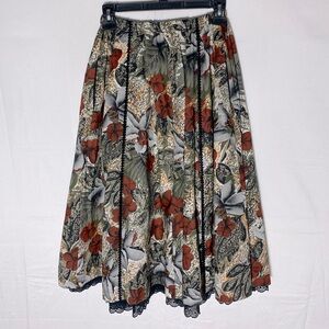 Vintage Carefree Fashions Floral Midi Skirt W Lace Trim M